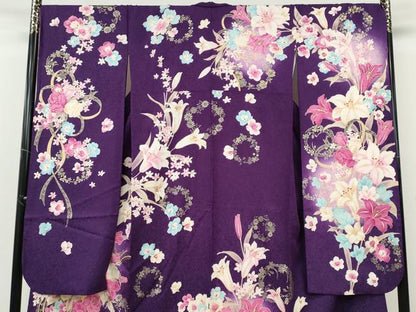 平和屋着物●豪華振袖　刺繍　ゆり　花束文　銀通し地　正絹　逸品　CABF3473ut