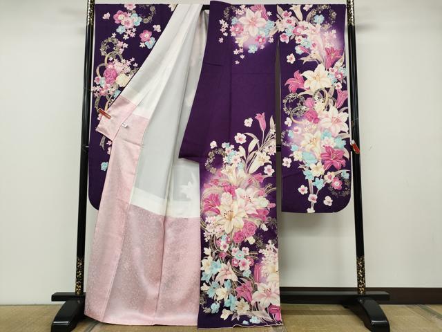 平和屋着物●豪華振袖　刺繍　ゆり　花束文　銀通し地　正絹　逸品　CABF3473ut