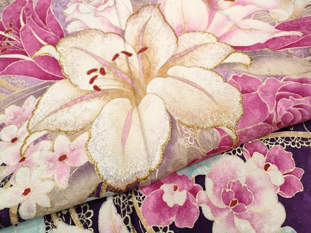 平和屋着物●豪華振袖　刺繍　ゆり　花束文　銀通し地　正絹　逸品　CABF3473ut