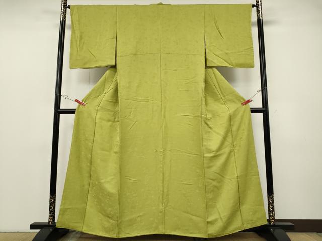 平和屋着物●上質な色無地　御所車花地紋　鶸色　さが美扱い　正絹　逸品　CABF3484ut