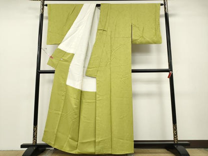 平和屋着物●上質な色無地　御所車花地紋　鶸色　さが美扱い　正絹　逸品　CABF3484ut