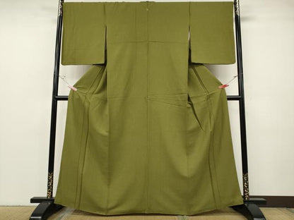 平和屋着物●上質な色無地　霞地紋　鶯色　正絹　逸品　CABF3485ut