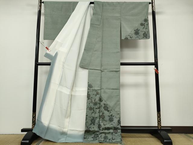 平和屋着物●訪問着　紬地　縞　花唐草文　正絹　逸品　CABF3491ut