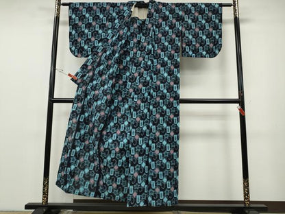 平和屋着物●久留米絣　単衣　吉祥花文　綿　逸品　CABF3504ut