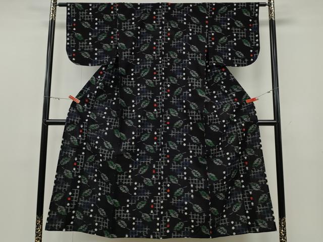 平和屋着物●久留米絣　単衣　舞葉文　綿　逸品　CABF3508ut