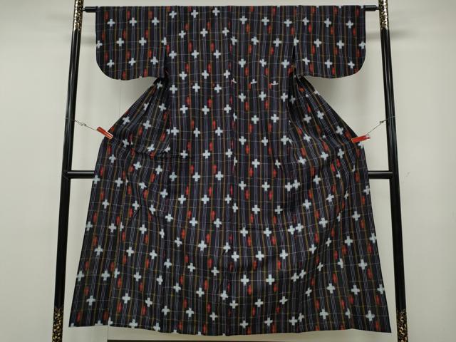 平和屋着物●久留米絣　単衣　十字絣　綿　逸品　CABF3514ut