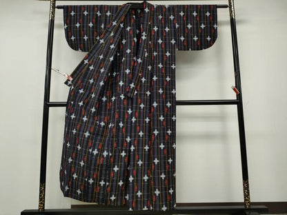 平和屋着物●久留米絣　単衣　十字絣　綿　逸品　CABF3514ut