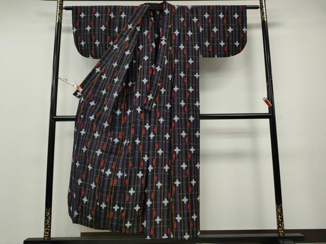 平和屋着物●久留米絣　単衣　十字絣　綿　逸品　CABF3514ut