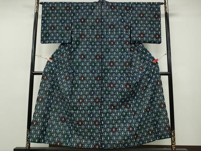 平和屋着物●久留米絣　単衣　横段吉祥文　綿　逸品　CABF3515ut