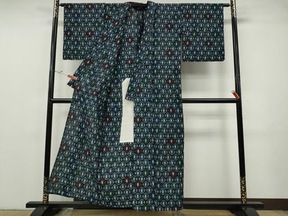 平和屋着物●久留米絣　単衣　横段吉祥文　綿　逸品　CABF3515ut