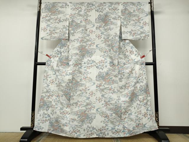 平和屋着物＊夏物 小紋 紗 流水風景草花文 洗える着物 CABF3576ut