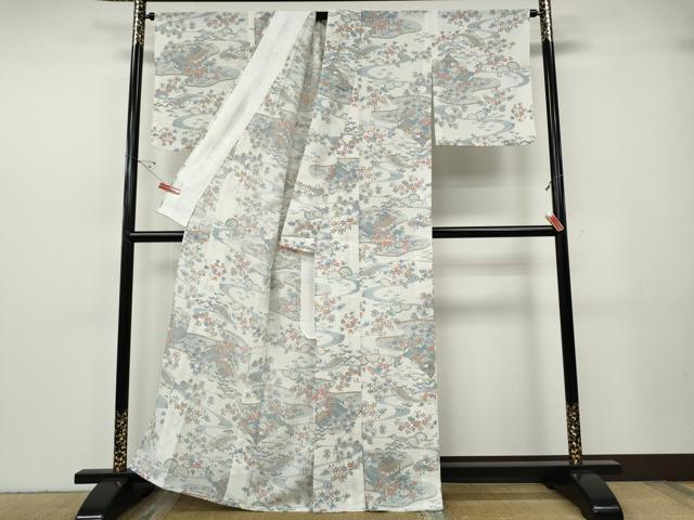平和屋着物＊夏物 小紋 紗 流水風景草花文 洗える着物 CABF3576ut