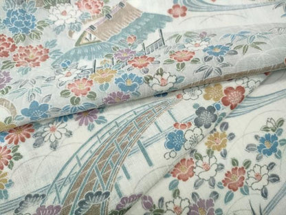 平和屋着物＊夏物 小紋 紗 流水風景草花文 洗える着物 CABF3576ut