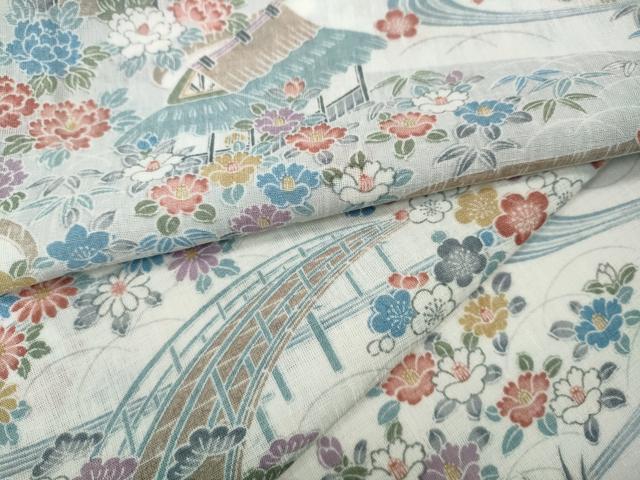 平和屋着物＊夏物 小紋 紗 流水風景草花文 洗える着物 CABF3576ut