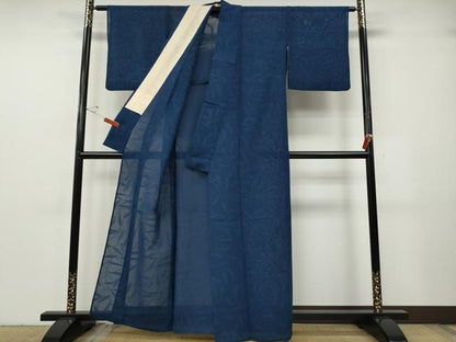 平和屋着物＊夏物 色無地 枝葉紋紗 青藍色 正絹 逸品 CABF3579ut