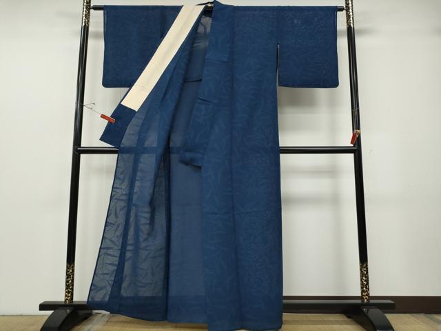 平和屋着物＊夏物 色無地 枝葉紋紗 青藍色 正絹 逸品 CABF3579ut