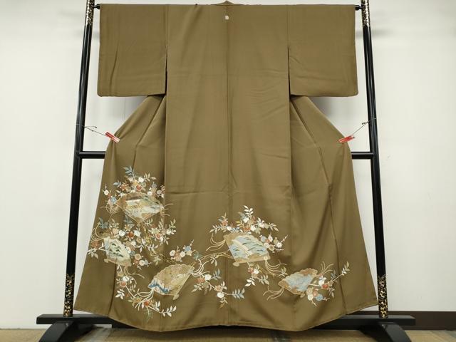 平和屋着物●豪華色留袖　刺繍　扇草花文　金彩　正絹　逸品　CABF3584ut