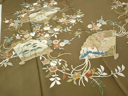 平和屋着物●豪華色留袖　刺繍　扇草花文　金彩　正絹　逸品　CABF3584ut