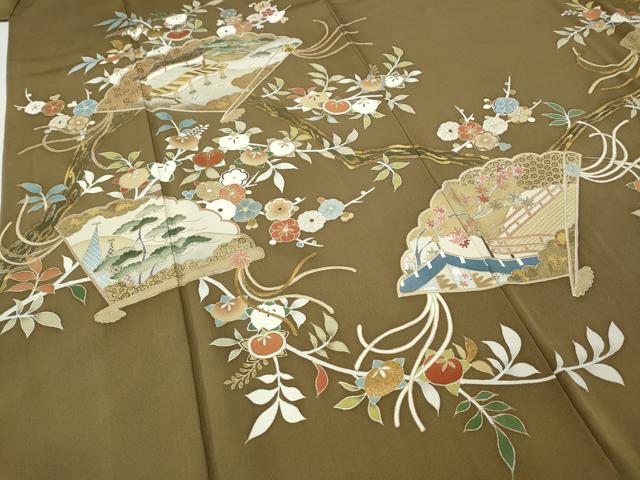 平和屋着物●豪華色留袖　刺繍　扇草花文　金彩　正絹　逸品　CABF3584ut
