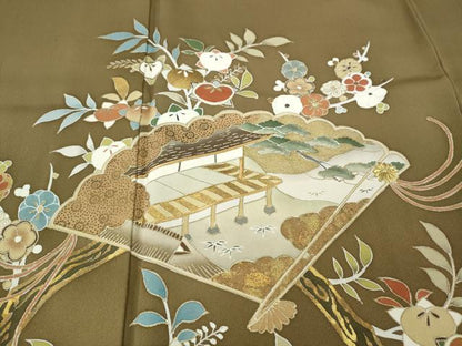 平和屋着物●豪華色留袖　刺繍　扇草花文　金彩　正絹　逸品　CABF3584ut