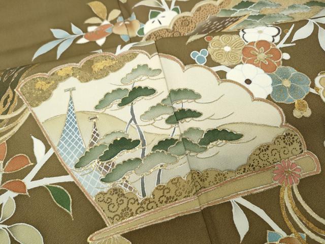 平和屋着物●豪華色留袖　刺繍　扇草花文　金彩　正絹　逸品　CABF3584ut
