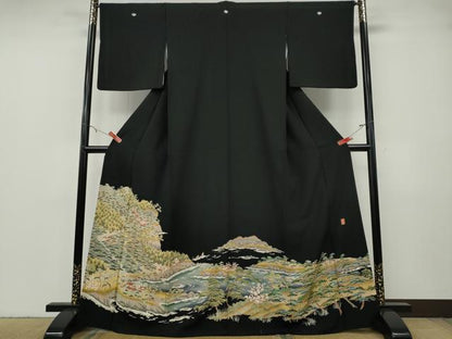 平和屋着物●豪華黒留袖　友禅　作家物　風景草木文　正絹　逸品　CABF3585ut
