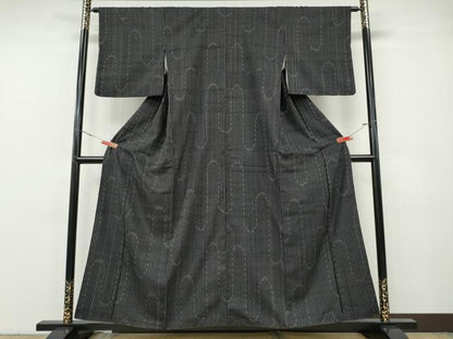 平和屋着物●上質な紬　エ霞間道　黒地　正絹　逸品　CABF3589ut