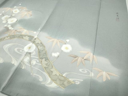 平和屋着物●豪華色留袖　作家物　手描き　駒刺繍　流水枝花文　金彩　鬼しぼ縮緬　正絹　逸品　CABF3590ut