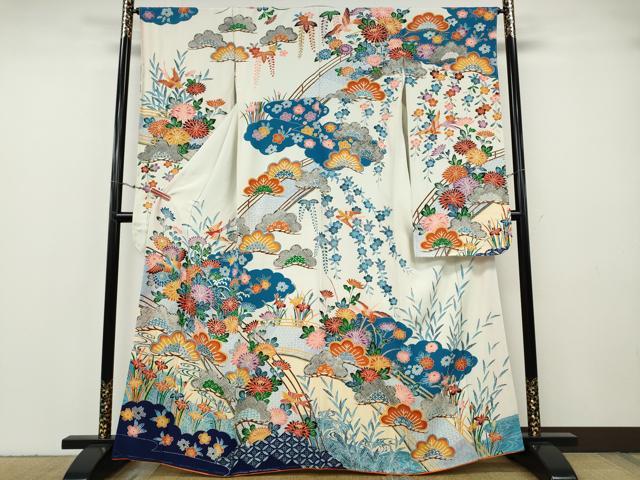 平和屋着物●豪華振袖　型染め　飛鳥草花文　正絹　逸品　CABF3591ut