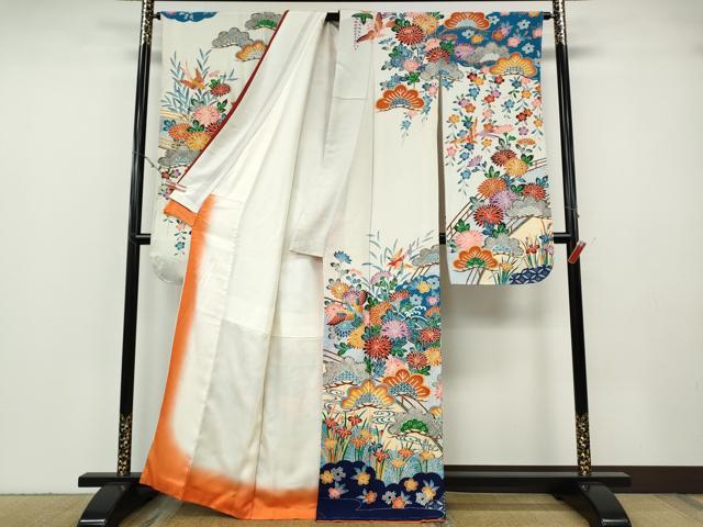 平和屋着物●豪華振袖　型染め　飛鳥草花文　正絹　逸品　CABF3591ut