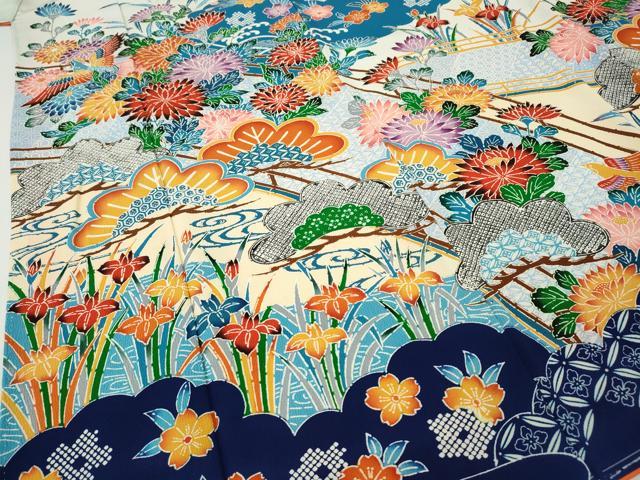 平和屋着物●豪華振袖　型染め　飛鳥草花文　正絹　逸品　CABF3591ut