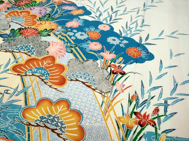 平和屋着物●豪華振袖　型染め　飛鳥草花文　正絹　逸品　CABF3591ut