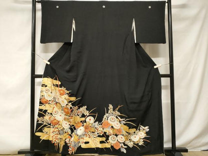 平和屋着物■豪華黒留袖 駒刺繍 エ霞草花文 金彩 正絹 逸品 CABF3604ev