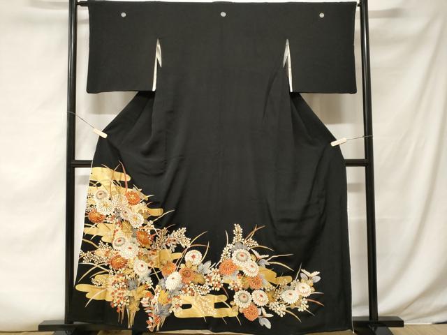 平和屋着物■豪華黒留袖 駒刺繍 エ霞草花文 金彩 正絹 逸品 CABF3604ev