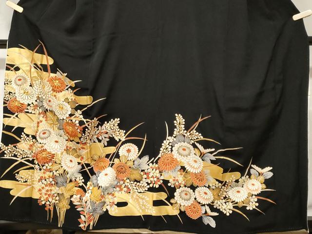 平和屋着物■豪華黒留袖 駒刺繍 エ霞草花文 金彩 正絹 逸品 CABF3604ev