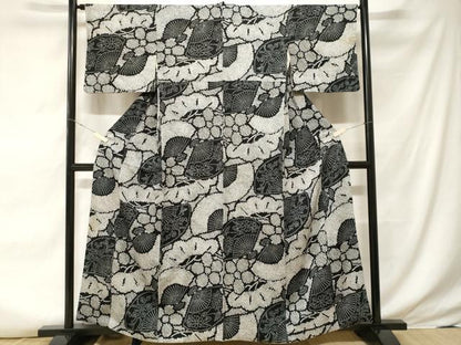 平和屋着物■上質な小紋 総刺繍 扇面草花文 黒地 正絹 逸品 CABF3606ev