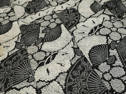 平和屋着物■上質な小紋 総刺繍 扇面草花文 黒地 正絹 逸品 CABF3606ev