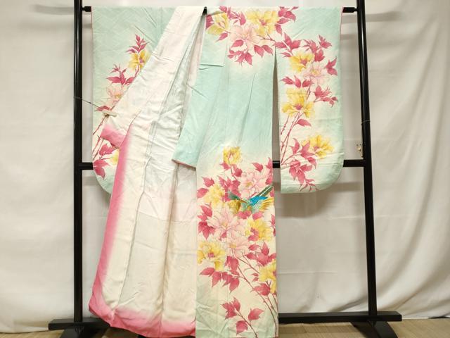 平和屋着物●豪華振袖　型染め　御所解花鳥文　正絹　逸品　CABC6913yc 平和屋着物□豪華振袖 駒刺繍 御所車飛鳥花文 松竹梅 暈し染め