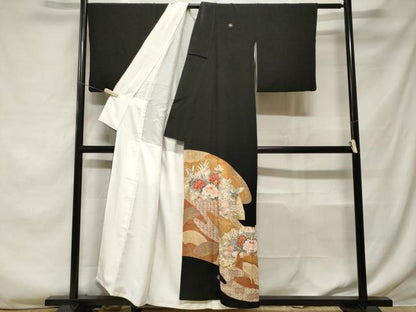 平和屋着物■豪華黒留袖 地紙花鳥文 金彩 正絹 逸品 CABF3756ev