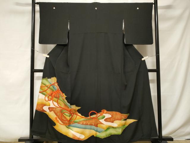 平和屋着物□豪華黒留袖 駒刺繍 結び紐花文 暈し染め