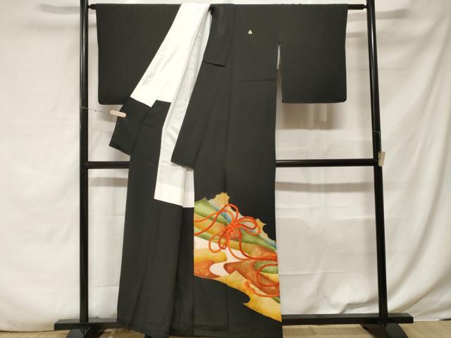 平和屋着物■豪華黒留袖 駒刺繍 結び紐花文 暈し染め 金彩 正絹 逸品 CABF3766ev