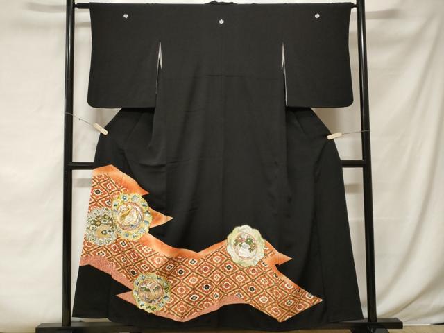 平和屋着物■豪華黒留袖 駒刺繍 蜀江鳳凰絵皿花文 暈し染め 金彩 正絹 逸品 CABF3769ev