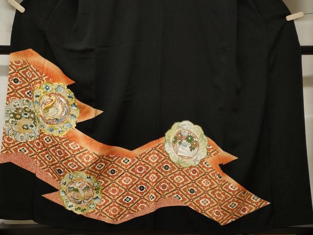 平和屋着物■豪華黒留袖 駒刺繍 蜀江鳳凰絵皿花文 暈し染め 金彩 正絹 逸品 CABF3769ev