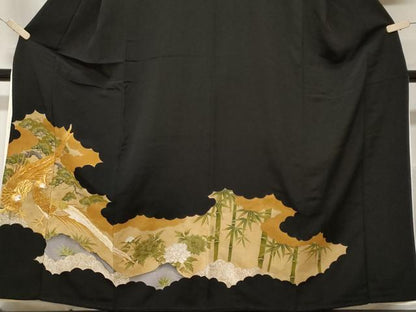 平和屋着物■豪華黒留袖　駒刺繍　尾長鳥笹竹文　金彩　正絹　逸品　CABF3770ev
