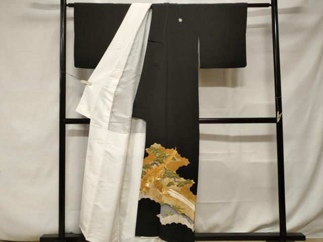 平和屋着物■豪華黒留袖　駒刺繍　尾長鳥笹竹文　金彩　正絹　逸品　CABF3770ev
