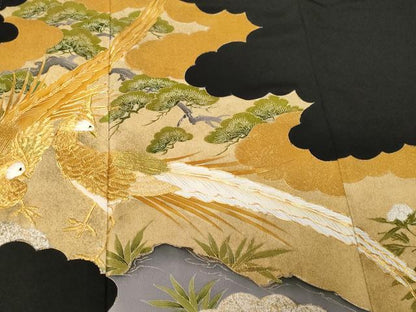 平和屋着物■豪華黒留袖　駒刺繍　尾長鳥笹竹文　金彩　正絹　逸品　CABF3770ev