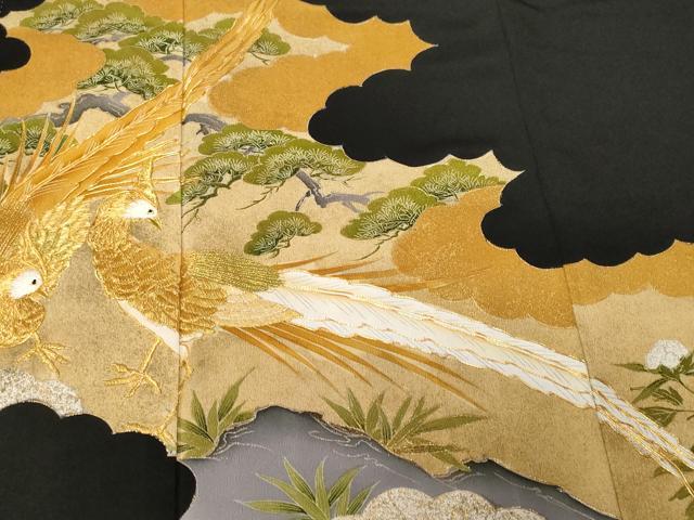 平和屋着物■豪華黒留袖　駒刺繍　尾長鳥笹竹文　金彩　正絹　逸品　CABF3770ev