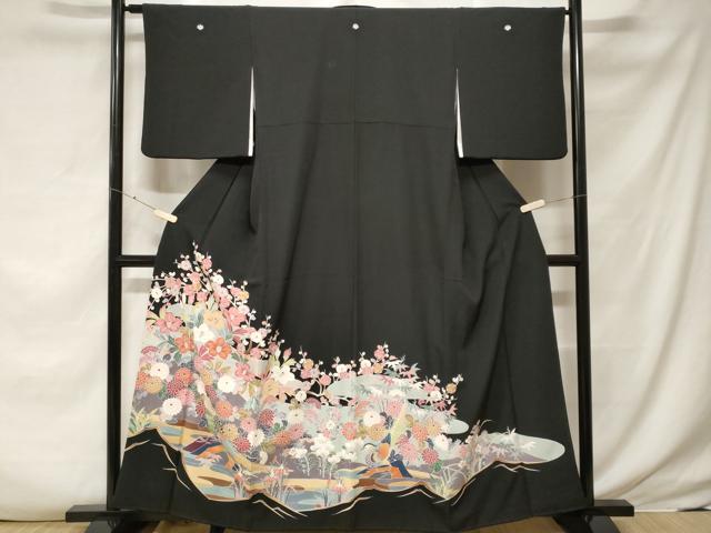 平和屋着物■豪華黒留袖 友禅 尾長鳥枝花文 正絹 逸品 CABF3773ev