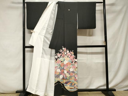 平和屋着物■豪華黒留袖 友禅 尾長鳥枝花文 正絹 逸品 CABF3773ev
