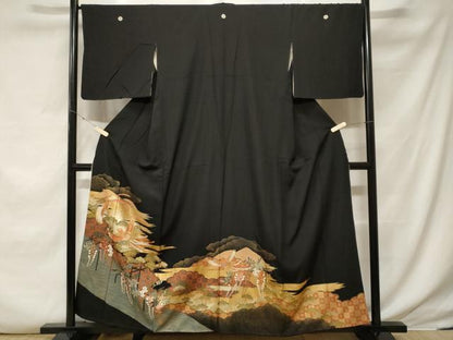 平和屋着物■豪華黒留袖　駒刺繍　鳳凰富士花房松文　暈し染め　金彩　正絹　逸品　CABF3814ev